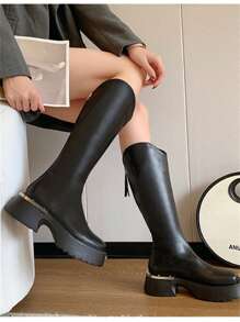 Thick Sole Thigh High Boots For Women, V-Cut Slim Fit Equestrian Boots, Over The Knee High Boots In Black - Black - View 6