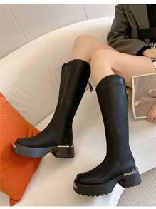 Thick Sole Thigh High Boots For Women, V-Cut Slim Fit Equestrian Boots, Over The Knee High Boots In Black - Black - View 7
