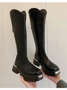 Thick Sole Thigh High Boots For Women, V-Cut Slim Fit Equestrian Boots, Over The Knee High Boots In Black - Black - View 3