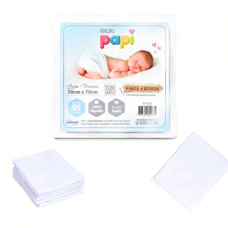 LUXURY DIAPER PAINT AND EMBROIDE DOUBLE FABRIC KITC/5 UNITS BABY WITH STRIP FOR EMBROIDERY AND PAINTING - PLAIN WHITE CLOTH PAPI - 白色 - 查看 1