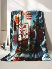 1 szt. Spersonalizowany koc z imieniem i nazwiskiem Mikołaja - koc z polaru poliestrowego, sezonowy nadruk graficzny, nadający się do prania w pralce, dziergane numery, wielofunkcyjny wystrój świąteczny, odpowiedni na kemping, do salonu, na sofę