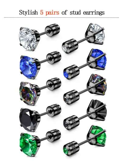 5prs/1pr Stainless Steel Cubic Zirconia Stud Earrings For Men, Inlaid Multi-Color Zirconia Black Earrings, Fashion Daily Jewelry