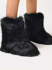 Women Fluffy Decor Slip On Snow Boots