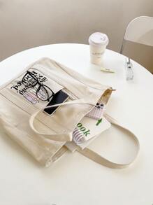 Book Pattern With The Letter 'weekend' Minimalist Shopper Bag Beige Casual,School Bag,Book Bag,Large Capacity,Portable,For Teen Girls Women College Students,White-Collar Workers,Perfect For Work,Back To School,Middle School,High School,College,Vacation ﻿,Teacher's Day Gift