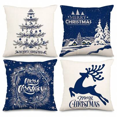 4 PEÇAS Fronha De Natal Alegre Branca Azul Fronha Árvore De Natal Neve Rena Almofada Decorativa Capa Para Casa Escritório Sofá Cama Decoração De Festa De Natal Sem Enchimento Em Um Lado