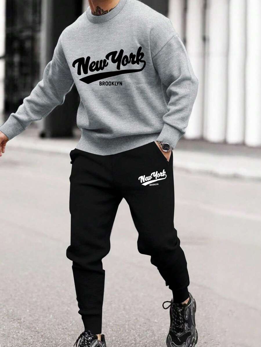 Setelan Olahraga 2 Potong untuk Pria, Sweatshirt Bermotif & Celana Kasual Biasa, Streetwear Serbaguna - Hitam - View 1