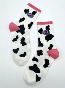 1 par de calcetines de media caña con estampado de vaca y letras de moda para mujer, otoño - Multicolor - Ver 6