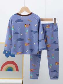 2pcs/Set Young Boy Thermal Underwear Set With Thermal Lined, Long Sleeve Top & Long Pants, Printed, Warm Base Layer For Autumn, Winter, Sleepwear, Toddler & Big Kid Sizes - Multicolor - View 2