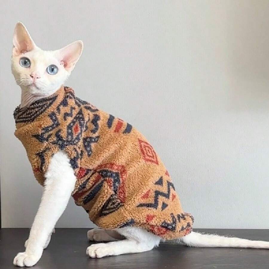 Áo nỉ in hình mèo Sphynx, trang phục mùa đông ấm áp cho mèo không lông, họa tiết mới lạ theo xu hướng - màu nâu - Xem 1