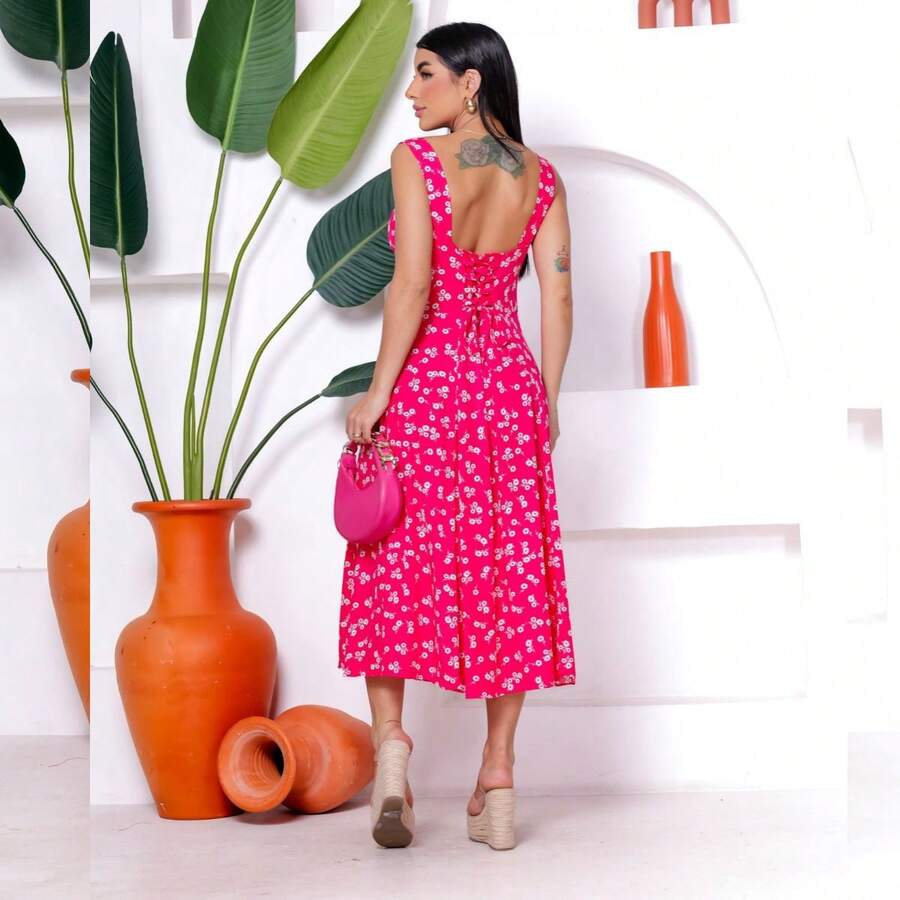 Vestido Midi Floral Tecido Viscolinho com Bojo Fenda Lateral Elastex