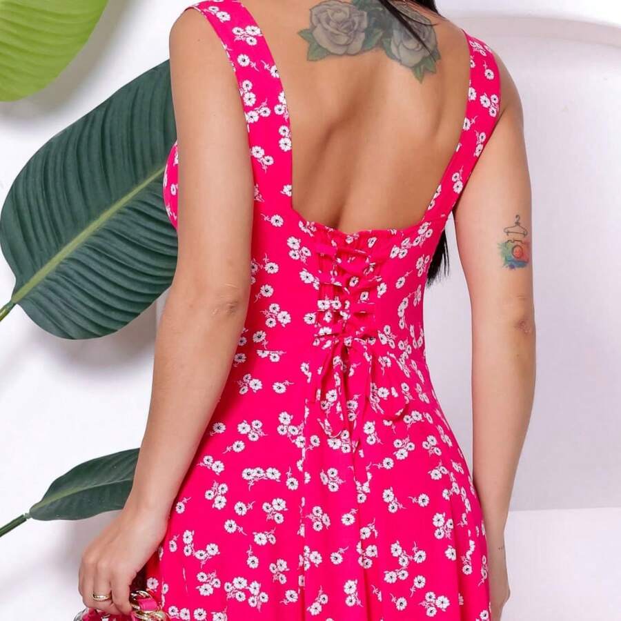 Vestido Midi Floral Tecido Viscolinho com Bojo Fenda Lateral Elastex