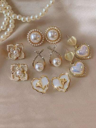 5 件套水钻和人造珍珠心形花朵交叉简约奢华优雅耳环套装女士情人节礼物