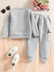 Young Girl Letter Print Crew Neck Sweatshirt And Sweatpants Set - Grey - View 2