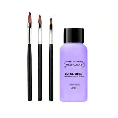 MEET ACROSS 40毫升丙烯酸液体单体，含3件丙烯酸刷套装，适用于美甲雕刻延长浸粉指甲丙烯酸水晶液体美甲套装美甲工具套装丙烯酸按压指甲