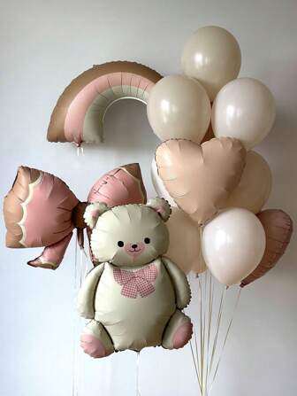 3/13 st retro nallebjörnsrosett, regnbågsfolieballong, 18 tum kaffebrun, karamell, hjärtformad ballong, hudfärgad latexballong, lämplig för bröllop, födelsedagsfestdekorationer