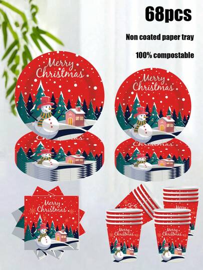Conjunto de 68 Peças, Louça Descartável, Prato de Papel Descartável Temático de Boneco de Neve, Prato para Bolo, Prato de Festa, Prato de Aniversário, Material, Adequado para Aniversários, Festas de Aniversário, Promoções, Festas, Piqueniques, Acampamento, Churrascos, Festas na Praia, Casamentos ao Ar Livre, Festas de Casamento, Surpresas e Outras Comemorações.