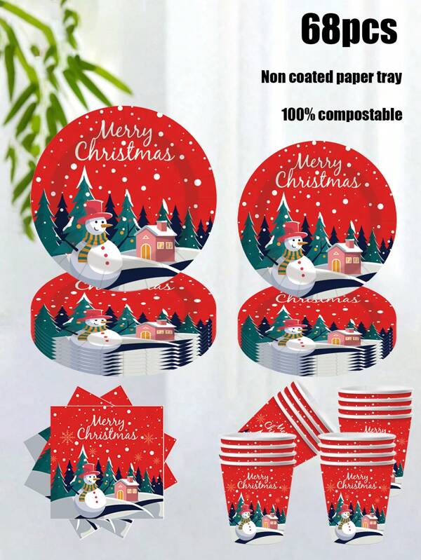 68 Piece Set, Disposable Tableware, Snowman Themed Disposable Paper Plate, Cake Plate, Party Plate, Birthday Plate, Material, Suitable For Anniversaries, Birthday Parties, Promotions, Parties, Picnics, Camping, Barbecues, Beach Parties, Outdoor Weddings, Wedding Parties, Surprises And Other Holidays.