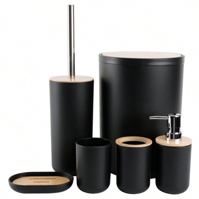 6er Badezimmer Accessoires Set, Kunststoff & Bambus Bad Ensemble Kit mit Seifenspender, Zahnputzbecher, Zahnbürstenhalter, Seifenschale, Toilette-Bürste & Halterung, Mülleimer, Geschenkset für Geburtstag, Feiertage, Einweihung, Weihnachten, in den Farben Schwarz, Weiß und Grau erhältlich