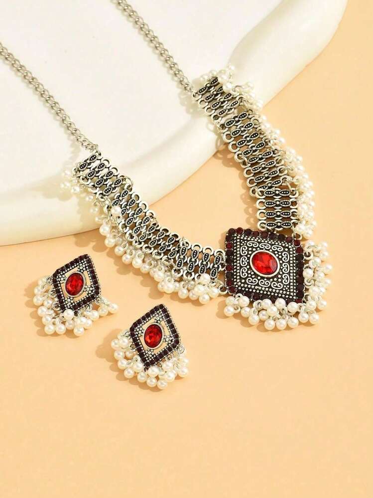 3pcs Vintage Bohemian Style Faux Pearl Tassel Earrings & Necklace Jewelry Set - Rhinestone Decor, Alloy Material, Women Party & Gift Jewelry Set - Silver - View 5