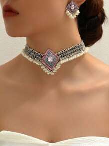 3 件复古波西米亚风格仿珍珠流苏耳环和项链首饰套装 - 水钻装饰、合金材质、女士派对和礼物首饰套装