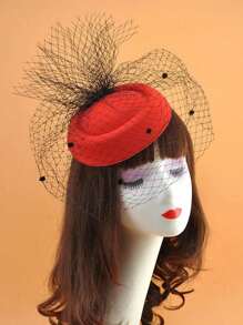 1pc Retro Black Veil/Polka Dot Feather Floral Mini Hat, Made Of Woolen Fabric For Formal Events, Parties, Stage, Photography, Versatile - Red - View 1