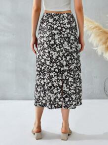 Women's Casual Summer Fall High Waist Boho Printed Side Split A-Line Midi Skirt Leopard Half-Length Maxi Swing Skirt - Color - View 2