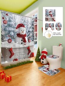 Conjunto de cortina de chuveiro com boneco de neve vermelho de Natal, 1/2/3/4 peças, com 12 ganchos e uma bola de chuveiro, cortina de chuveiro de poliéster impermeável e resistente a mofo, tapete antiderrapante para banheiro, tapete em U para vaso sanitário, capa protetora para vaso sanitário, conjunto decorativo para banheiro, sem necessidade de furadeira, vários tamanhos disponíveis, acessórios de decoração de outono para banheiro, volta às aulas