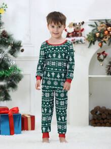 2pcs/Set Tween Boys Snug Fit Christmas Family Matching Pajama Set, Fun Santa Tree & Snowflake Print Striped Long Sleeve Top And Pants, Holiday Comfy Loungewear - Green - View 2