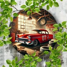 Semn metalic circular pentru mașină de epocă clasică, decor de perete retro pentru casă și garaj, ideal pentru bar, cafenea și restaurant - stil clasic, material de fier, suport pentru agățat pe perete, utilizare multifuncțională, fără energie electrică sus, jos, stânga și dreapta diferite poziții de găuri Livrare aleatorie, decorațiuni interioare, decor de cameră, decor de perete