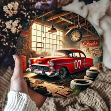 Semn metalic circular pentru mașină de epocă clasică, decor de perete retro pentru casă și garaj, ideal pentru bar, cafenea și restaurant - stil clasic, material de fier, suport pentru agățat pe perete, utilizare multifuncțională, fără energie electrică sus, jos, stânga și dreapta diferite poziții de găuri Livrare aleatorie, decorațiuni interioare, decor de cameră, decor de perete
