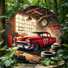 Semn metalic circular pentru mașină de epocă clasică, decor de perete retro pentru casă și garaj, ideal pentru bar, cafenea și restaurant - stil clasic, material de fier, suport pentru agățat pe perete, utilizare multifuncțională, fără energie electrică sus, jos, stânga și dreapta diferite poziții de găuri Livrare aleatorie, decorațiuni interioare, decor de cameră, decor de perete