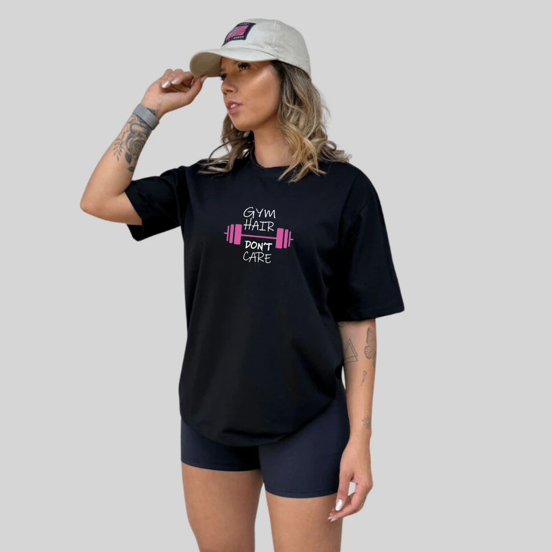 Women's Gym Hair Dont Care T-Shirt Workout Gym Fitness Personalized Light Weight Bodybuilding - 黑色 - 查看 1