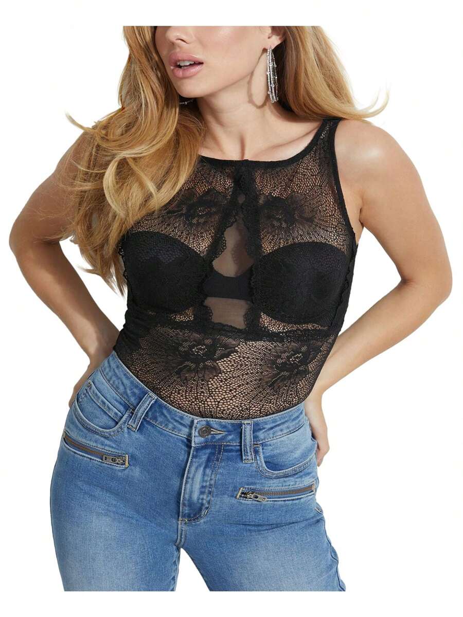 GUESS Womens Lace Sheer Intimates Bodysuit - màu đen - Xem 1