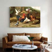 1pc Framed Chicken And Pigeons In The Yard Wall Art Canvas Print Poster, Suitable For Modern Living Room Bedroom Country Farmhouse Hotel B&B Kitchen Dining Room Dormitory Home Office Wall Decoration Ready To Hang