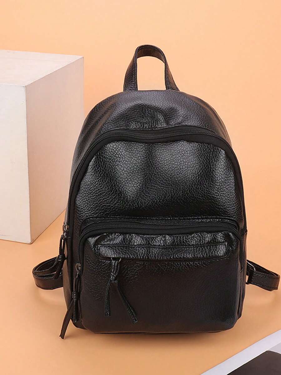 PU 迷你双肩带时尚休闲背包，适合女孩，简约多功能学生包 - 黑色 - 查看 1