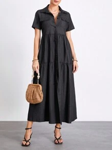 Women's Plus Size Denim Dress Short Sleeve Turn Down Collar Button Front Loose Swing Jean Dress