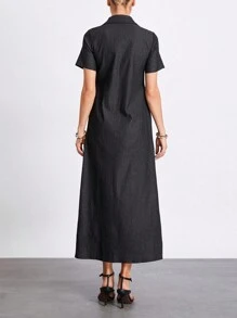 Women's Plus Size Denim Dress Short Sleeve Turn Down Collar Button Front Loose Swing Jean Dress