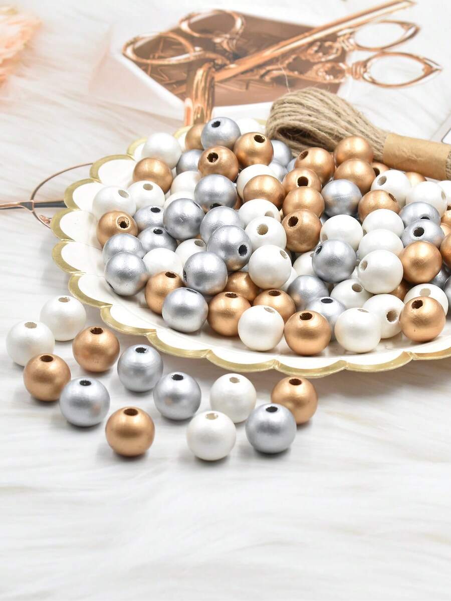 120 件/包 16 毫米金色、银色和白色木质圆形散珠套装，适合 DIY 珠宝制作手链项链配件