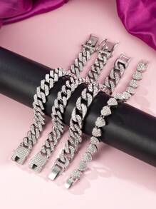 4pcs/Set Tennis Miami  Link Chain Bracelet Set, Suitable For Men And Women, Rhinestone Chain Bracelet, Boho Chic Jewelry For Party