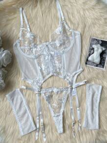 Women Sexy White Lingerie Set With See-Through Embroidery, Rave - White - View 3