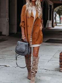Women Casual Solid Color Double-Breasted Mid-Length Trench Coat - Orange - View 1