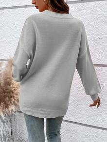 Women Casual Round Neck Pullover Solid Color Drop Shoulder Patch Pocket Sweater - Grey - View 4