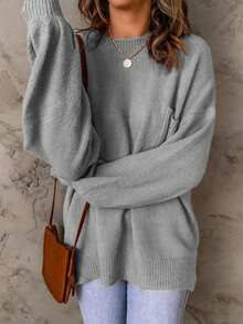 Women Casual Round Neck Pullover Solid Color Drop Shoulder Patch Pocket Sweater - Grey - View 5