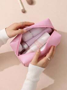 1pc Solid Color Simple Travel Makeup Bag, Wash Bag, Makeup Storage Bag, Travel Daily Fashion Hand Bag, Travel Supplies Storage Bag, Makeup Tools, PU Leather, Travel Accessories Makeup Brush Storage, Portable Travel Wash Bag, A Great Gift Bags, Makeup Bag, Organizer, Storage, Makeup Organizer, Makeup Bags, Toiletry Bag, Cosmetic Bag, Make Up Pouch Mini Pouch, Large Capacity Pouch, Gifts Christmas Gifts, Gift Ideas For Women - Multicolor - View 3