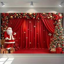 1pc Christmas Happy Background With Red Santa Claus & Gifts, Winter Snowflake Christmas Tree, Red Balloons, Polyester Material, Suitable For Living Room, Outdoor Decor, Livestream, Photography Backdrop, No Power Needed, Party Supplies For Holiday Events - Multicolor - View 10
