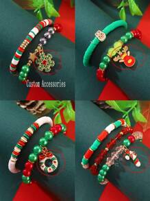 Set de 3 piezas: Pulsera y colgante de arcilla polimérica con perlas falsas hechas a mano para Navidad para mujeres
