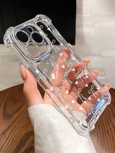 可爱蝴蝶结爱心设计透明手机壳，防震包边，兼容 14/15/16/16 Pro Max/12 Pro/11/Xr/Xs/7/8 Plus - 耐用 TPU 材质