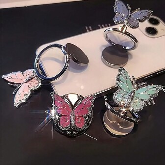 1pc Fashionable Galvanized Metal Butterfly Ring Buckle Holder Double Fold 360° Rotating Phone Holder Compatible With IPhone, Android Phone, Gift For Birthday, Family, Friends Finger Ring Holder, Phone Grip, Phone Accessories