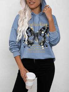 街頭校園休閒秋冬女士帽衫酷絲棉，英文字母標語，蝴蝶印花貼圖，休閒寬鬆秋季連帽帶帽繩運動衛衣