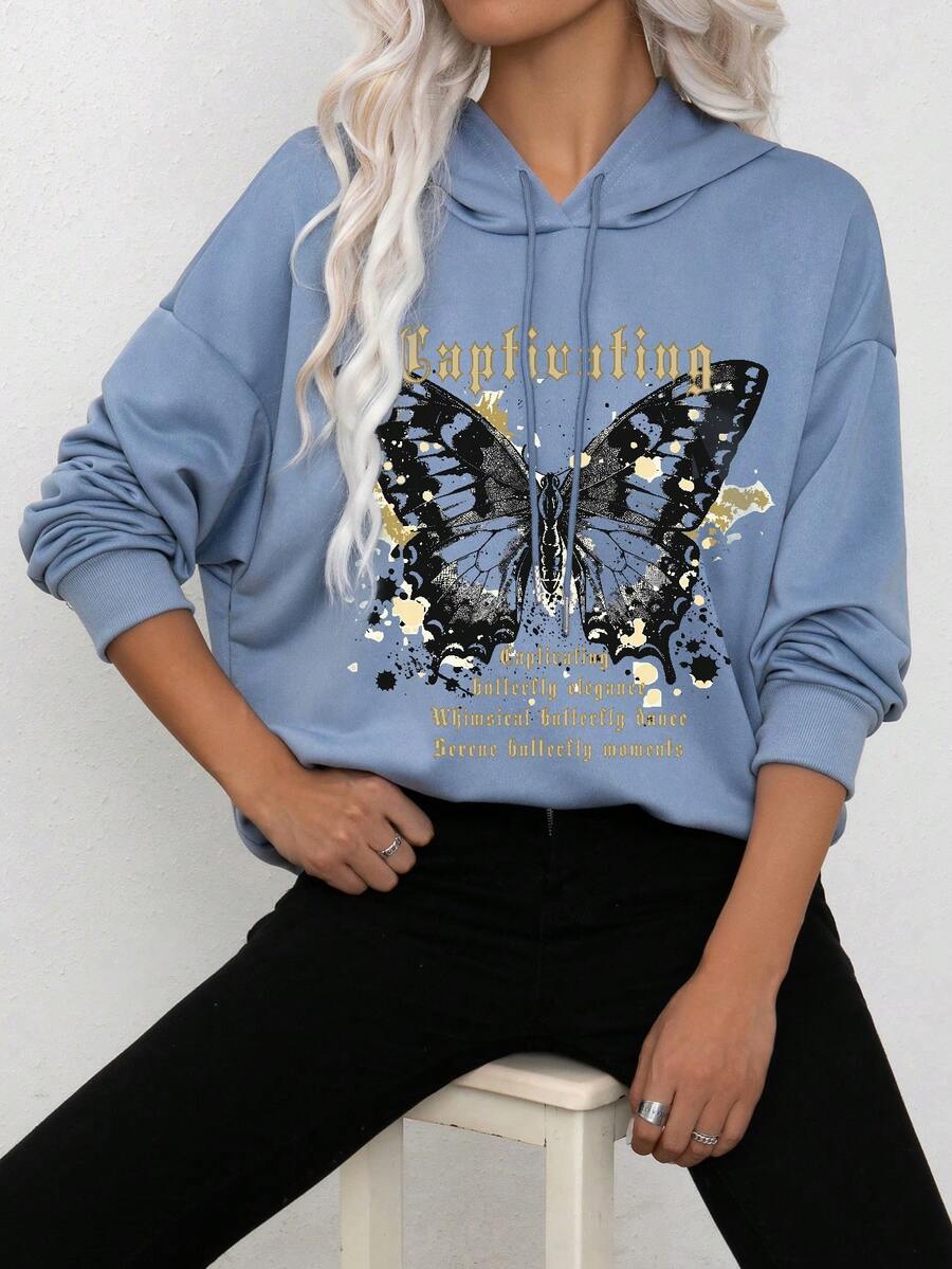 街頭校園休閒秋冬女士帽衫酷絲棉，英文字母標語，蝴蝶印花貼圖，休閒寬鬆秋季連帽帶帽繩運動衛衣